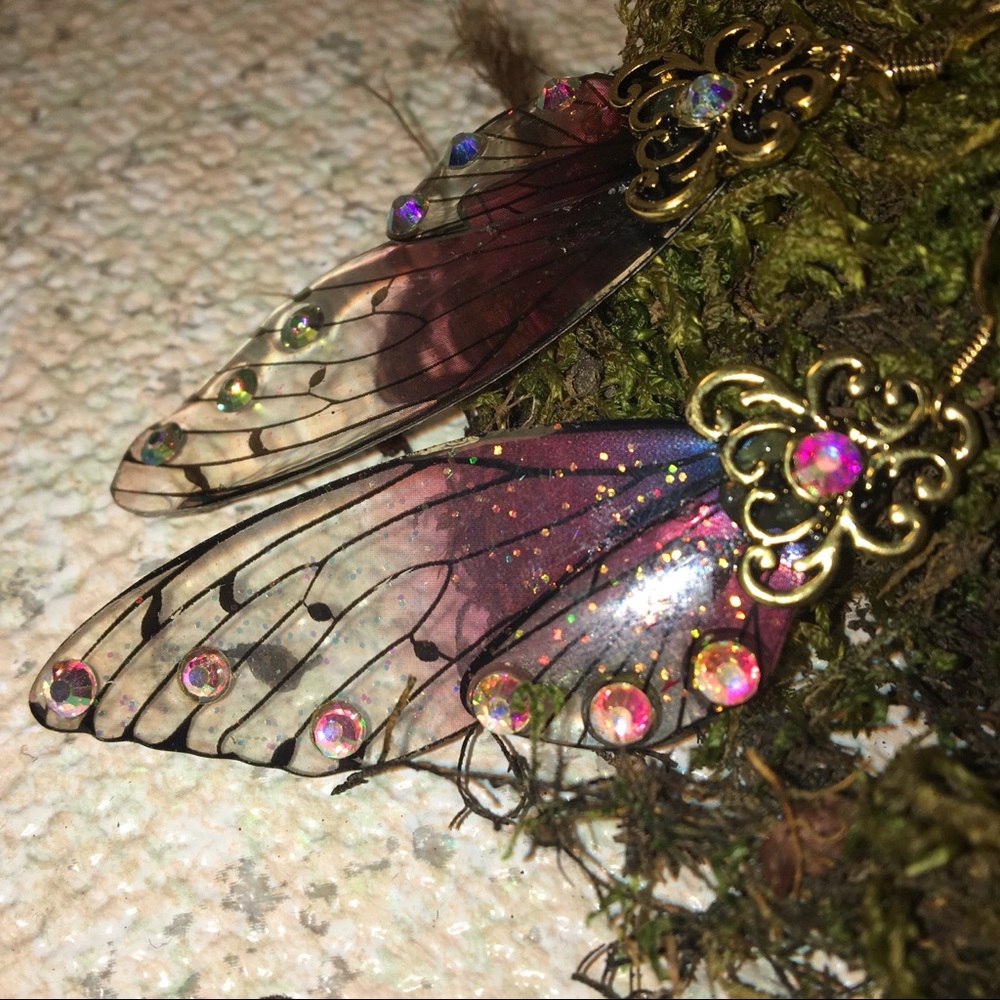 Butterfly Wing Fairy Earrings Gold Jeweled - Picture 6 of 8